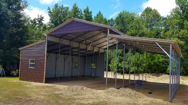 42' wide x 36' long Vertical Roof Barn with 2- 12x36 lean to's One lean too has one side and 2 ends closed_middle section and the other lean too is open