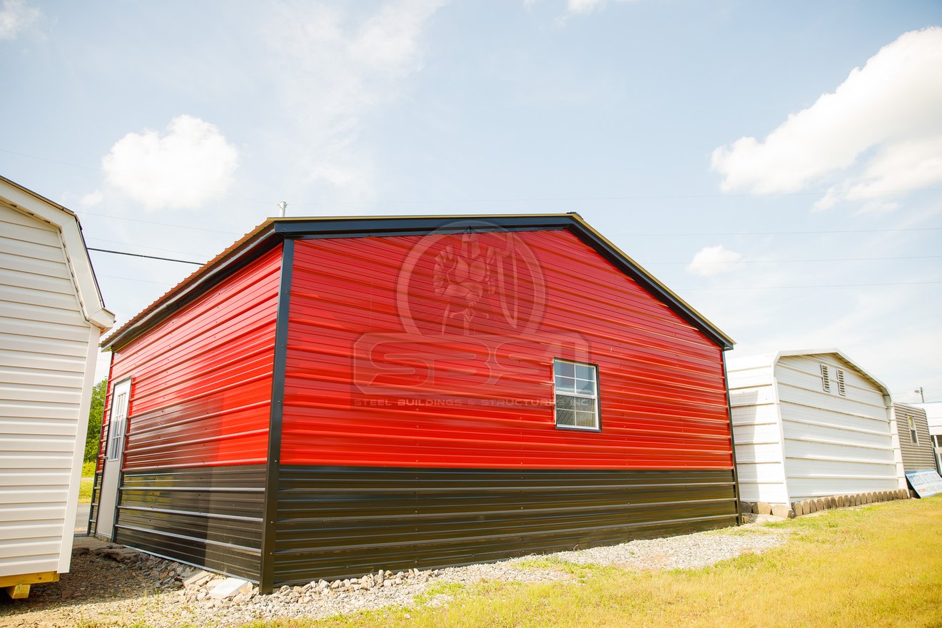 back view of metal building with side door