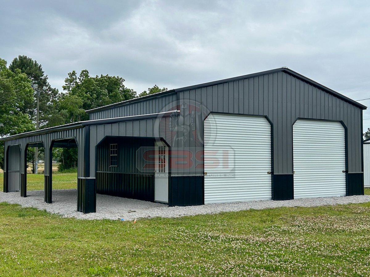 Custom metal barn with garage doors