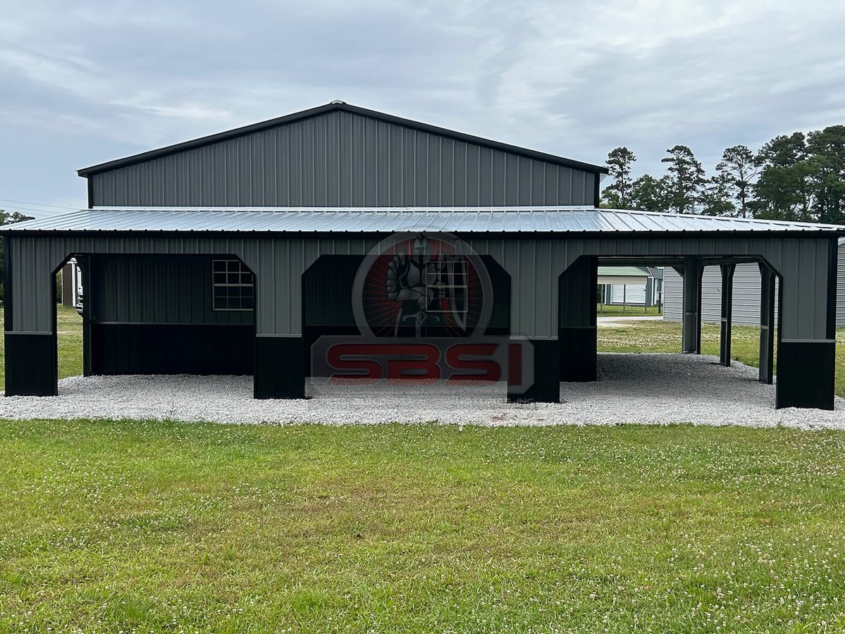 black metal building with porch