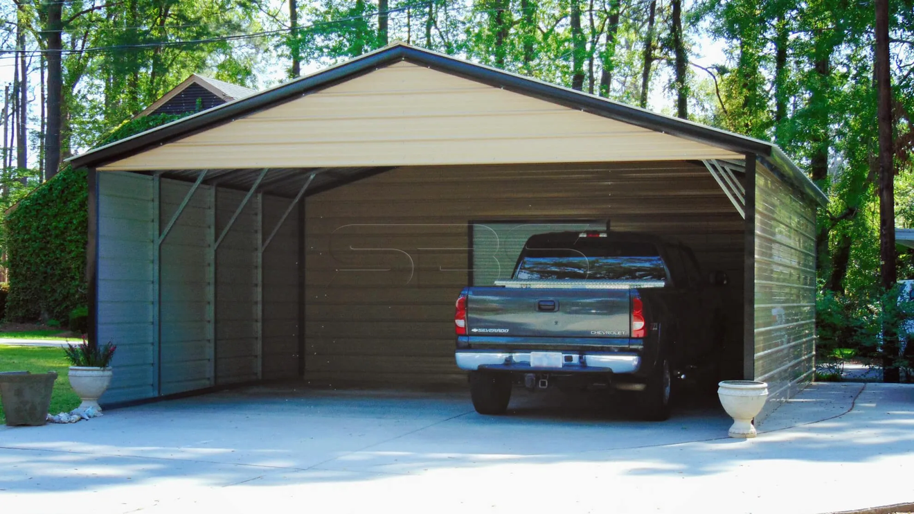 Boxed eave double carport with enclosed storage