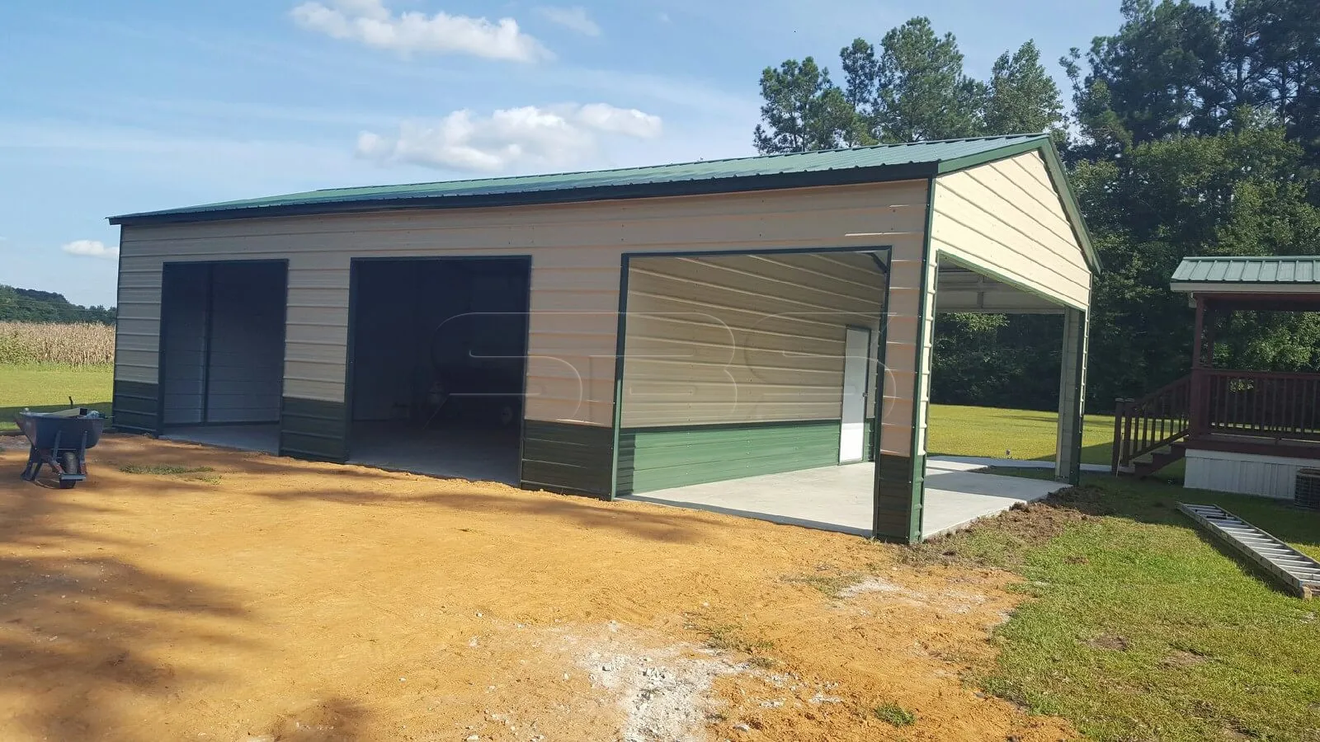 2 car garage with Evergreen roof and wainscot