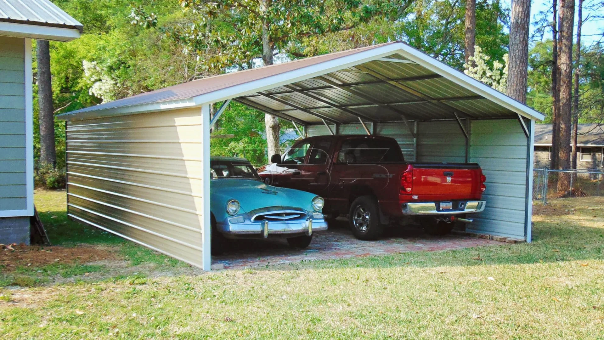 2 car partially enclosed carport with earth brown roof