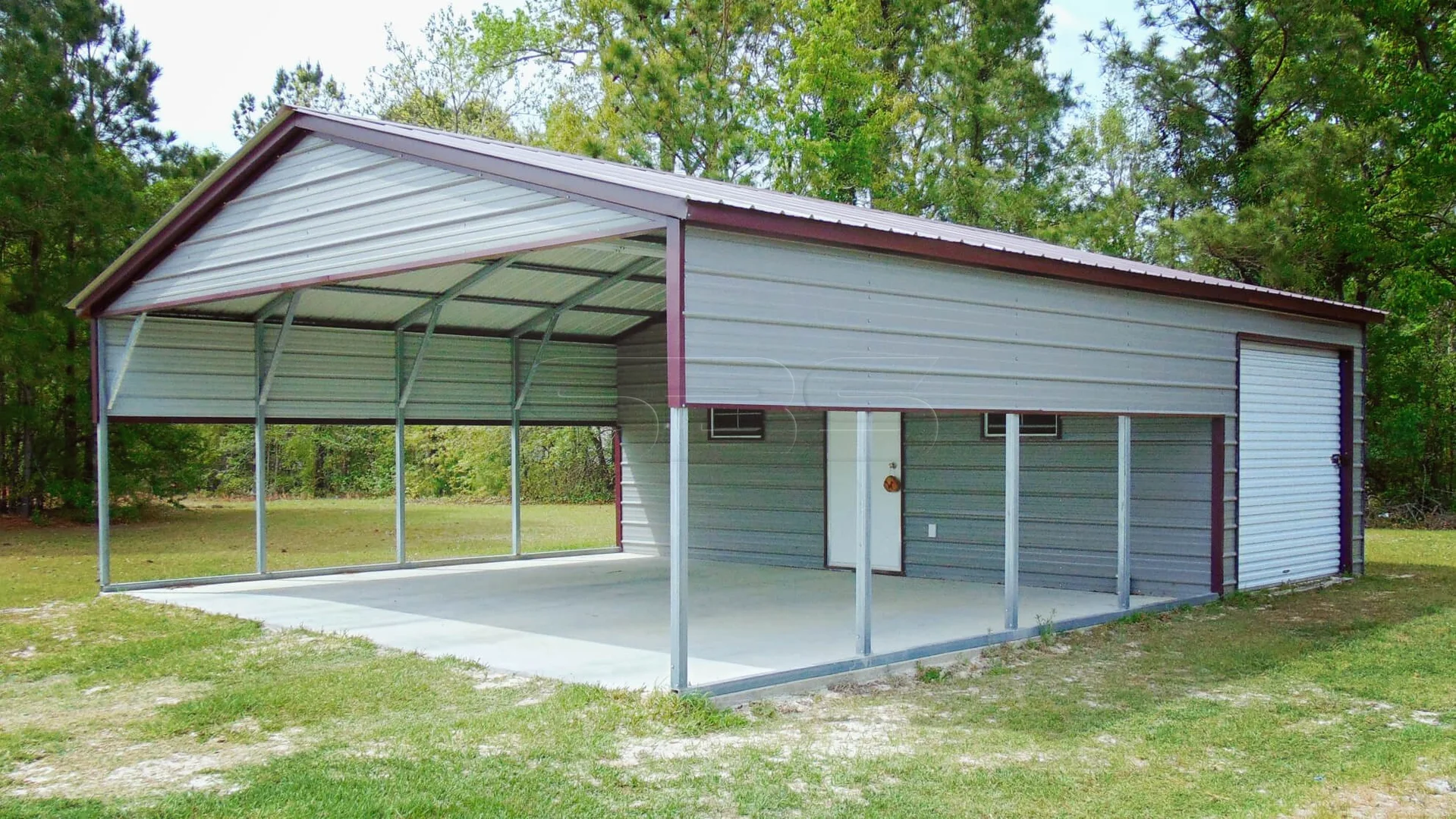 Double carport with storage building and burgundy roof