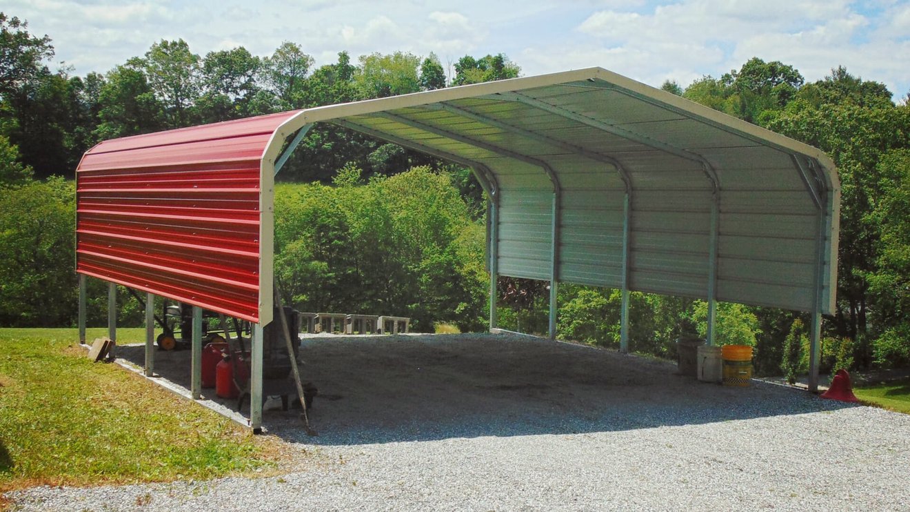 Double carport with a barn red roof