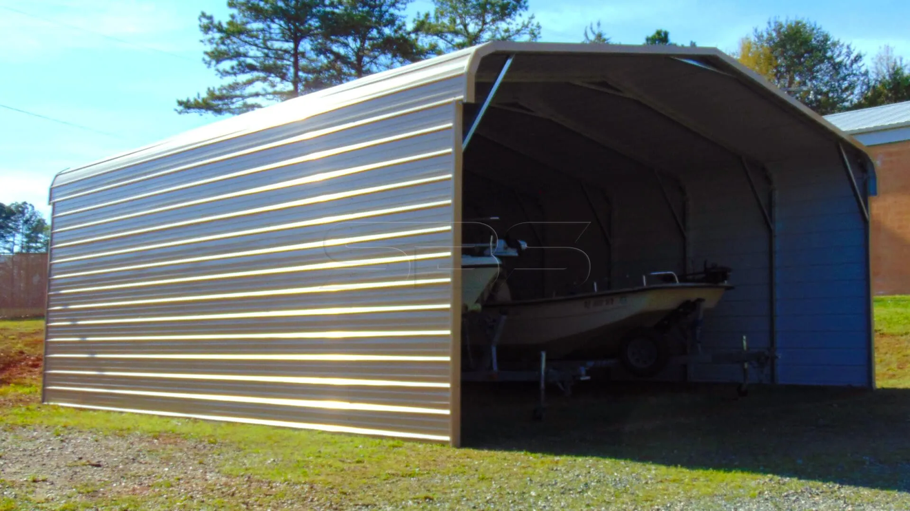 Steel carport for boat storage with enclosed sides